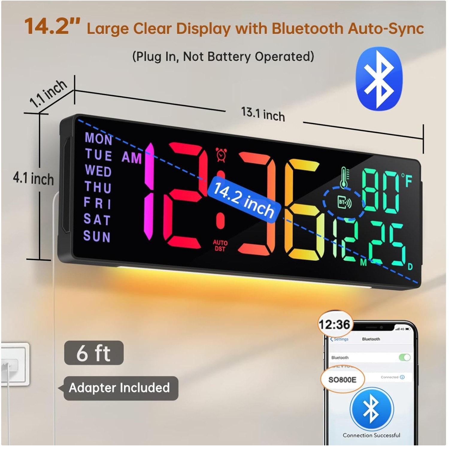 Extra Large Digital Clock, Gym Timer, Temperature, 12 Colors