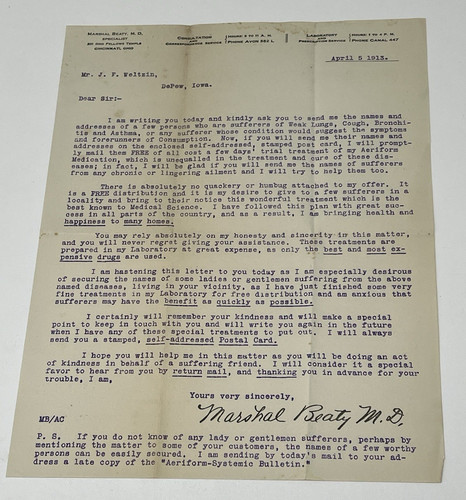 1913 Dr Marshal Beaty Signed Letter Aeriform Medicine Tuberculosis Bronchitis IA