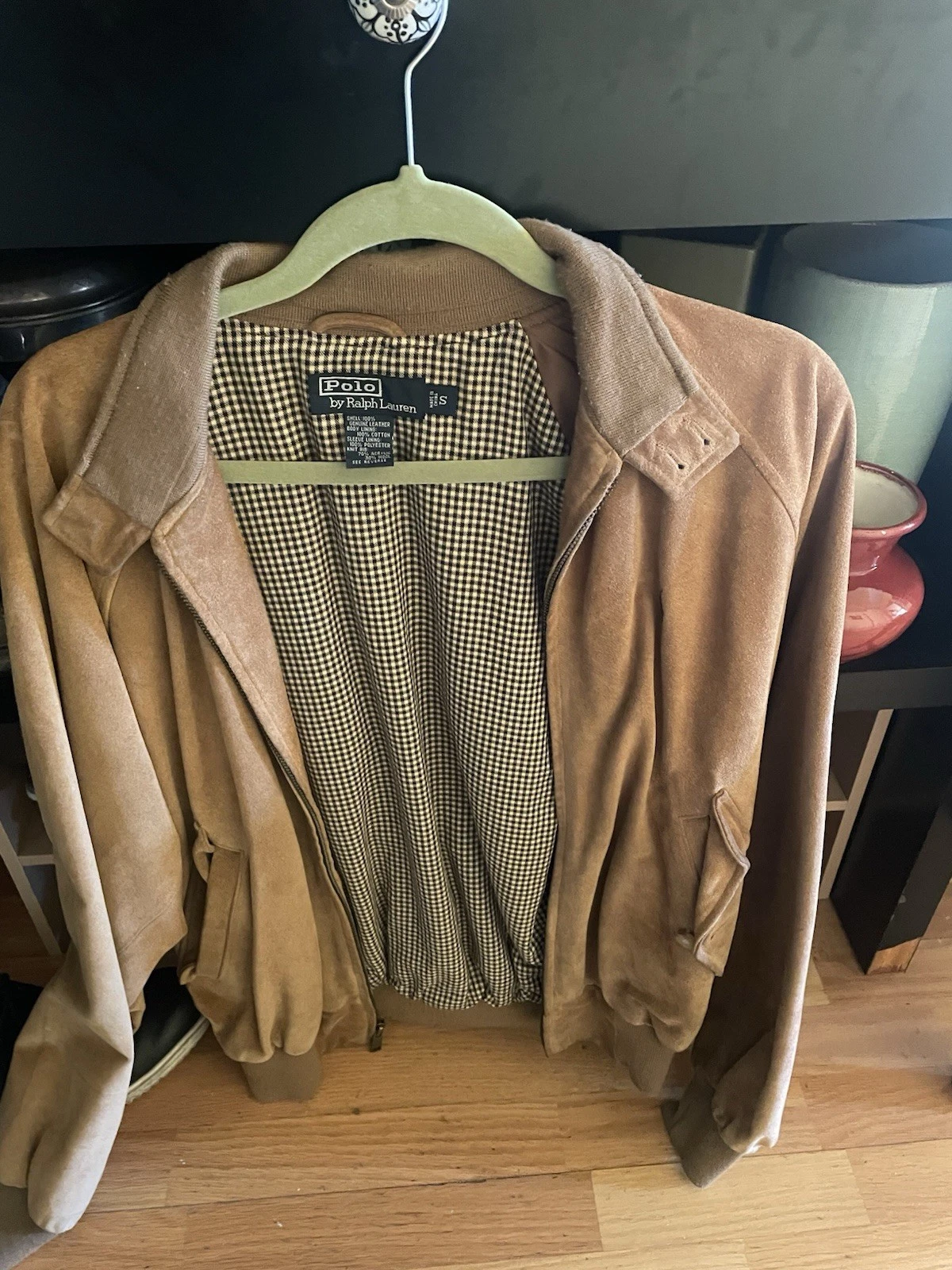 Vintage Polo Ralph Lauren Suede Bomber Jacket Mens Small Dark Camel Color As Is - product detail image 2
