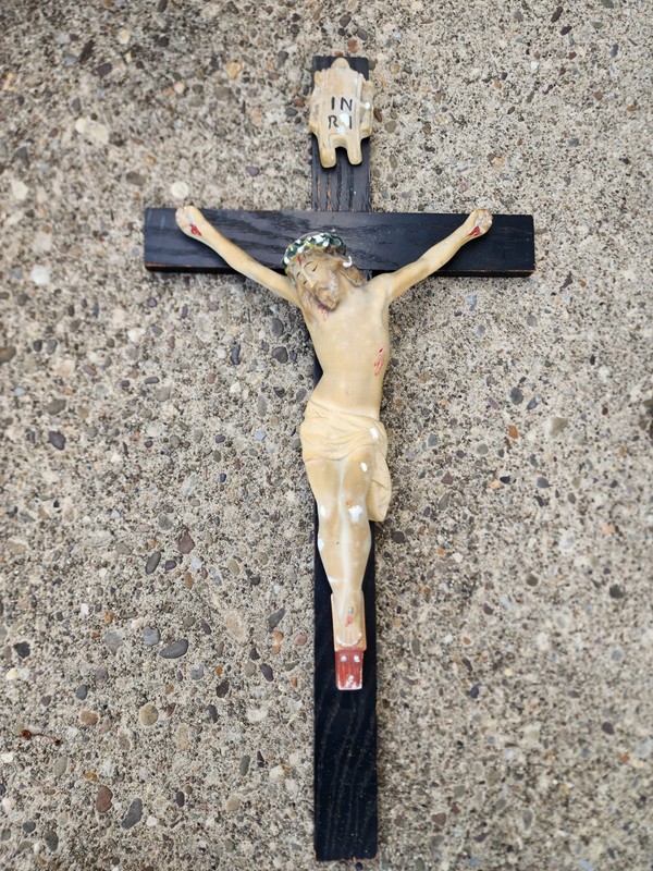 Vintage Large Wooden Crucifix With Chalkware Jesus Wall Hanging 14"x28” INRI