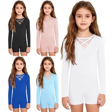 US Kids Girls Leotard Cross Front Back Dance Biketard Unitard Jumpsuit Dancewear