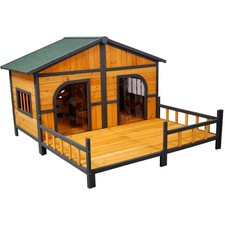 XL Double Dog Kennel Wood Metal Elevated Floor Weatherproof Porch