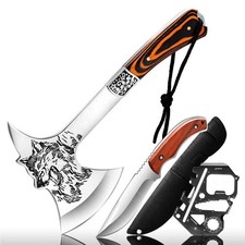 IOKO-3pc Axe and Knife Set Wolf Engraved Hunting Hatchet Survival Tactical Sheat