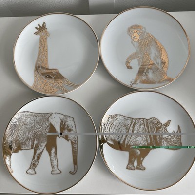 Z Gallerie Safari Animal Print Porcelain Dinner Plates Set of 4 White Gold 7.5 