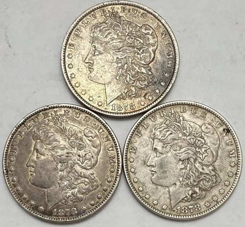 1878 Rev 79, 1878 7/8 TF (Strong) & 1878 7/8 TF Morgan Silver Dollars XF Details
