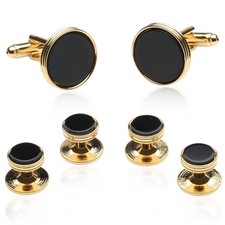 Black Onyx Gold Cufflinks  Studs Set - Unique Men's Wedding Accessories