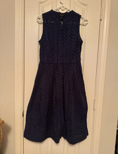 J.CREW Navy Eyelet A-Line Dress V-Neck Sleeveless Button Pockets Knee 2