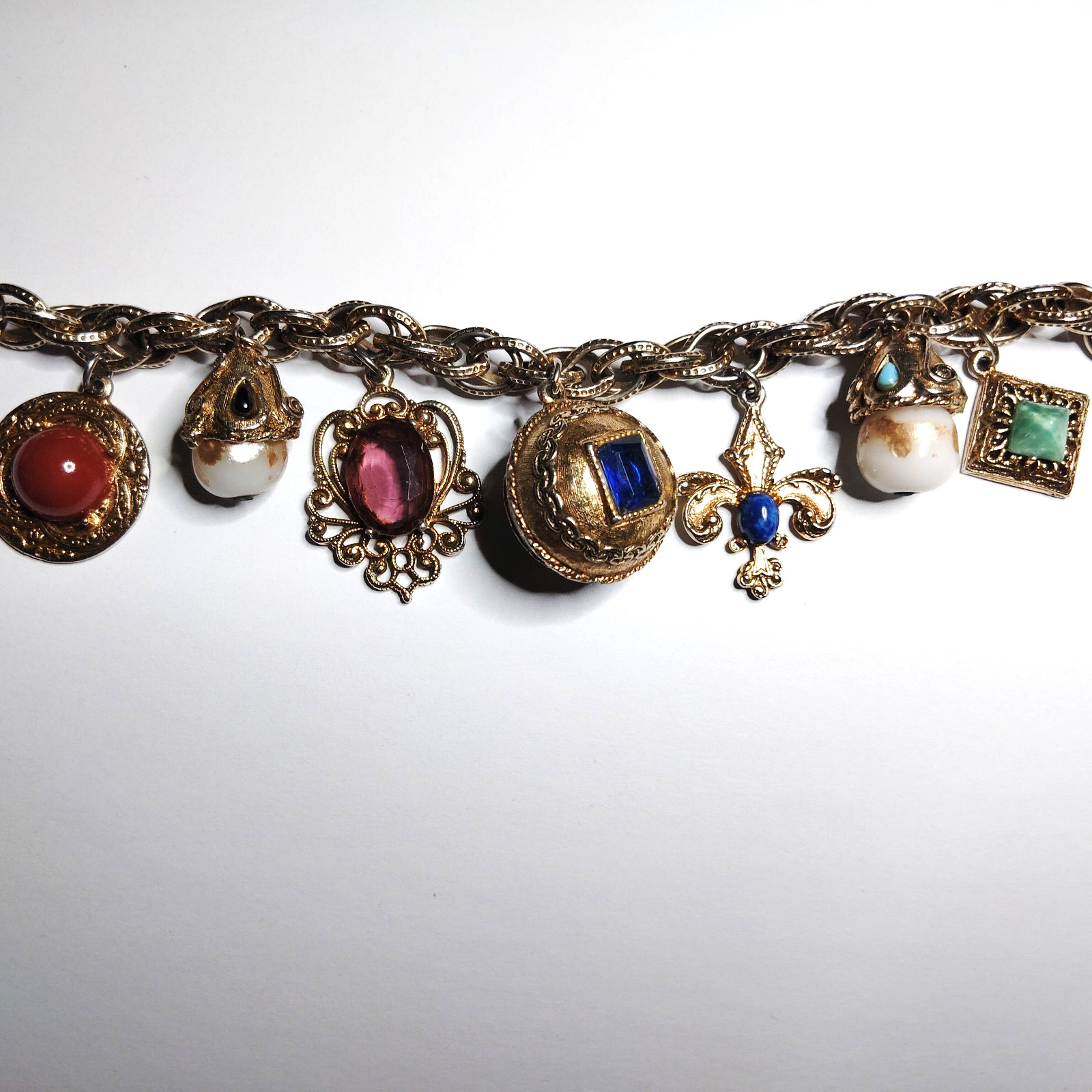 1960s 70s Charm Bracelet Double Sided Charms 7.5 inch vintage