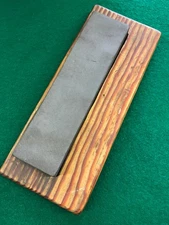 Vintage Antique Knife Sharpening Stone With Wooden Block Mount  8" x 2" x 1"