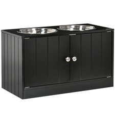 Dog Food Storage Cabinet Raised Pet Feeding Station w/ Stainless Bowls Black