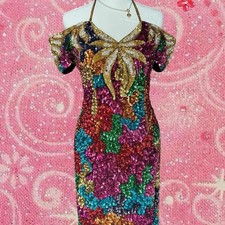 True Vintage Full Sequin Beaded Dress 90s Party Evening Formal Mini Gown Sparkly