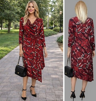 PER UNA KLEID UK18 WEINROT KETTENPRINT GEDREHTE TAILLE ASYMMETRISCH LANGARM #15