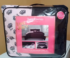 Juicy Couture KING 4p Reversible Comforter Set Black Plush/ Pink with Crowns