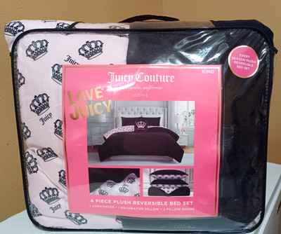 Juicy Couture KING 4 pc Reversible Comforter Set Black Plush/ Pink with Crowns