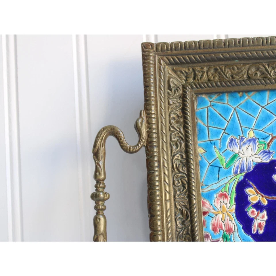 Vintage Antique Enamel Tile Bronze Brass Ornate Tray with Handles | Butterfly - Image 3 of 4