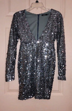 Boohoo Silver Size 4  💯% Polyester Long Sleeve Mini Dress