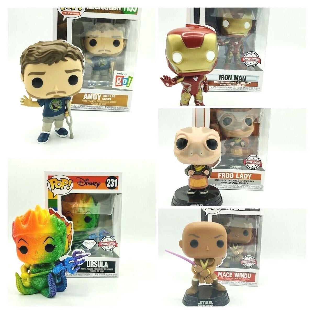 Funko Pop! Ursula, Iron Man, Andy, Frog Lady , Mace Windu, Mtv Special Edition