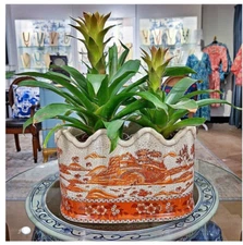 Orange, Red Chinoiserie Porcelain Planter. Scalloped Rim. Hand Painted (12"L)