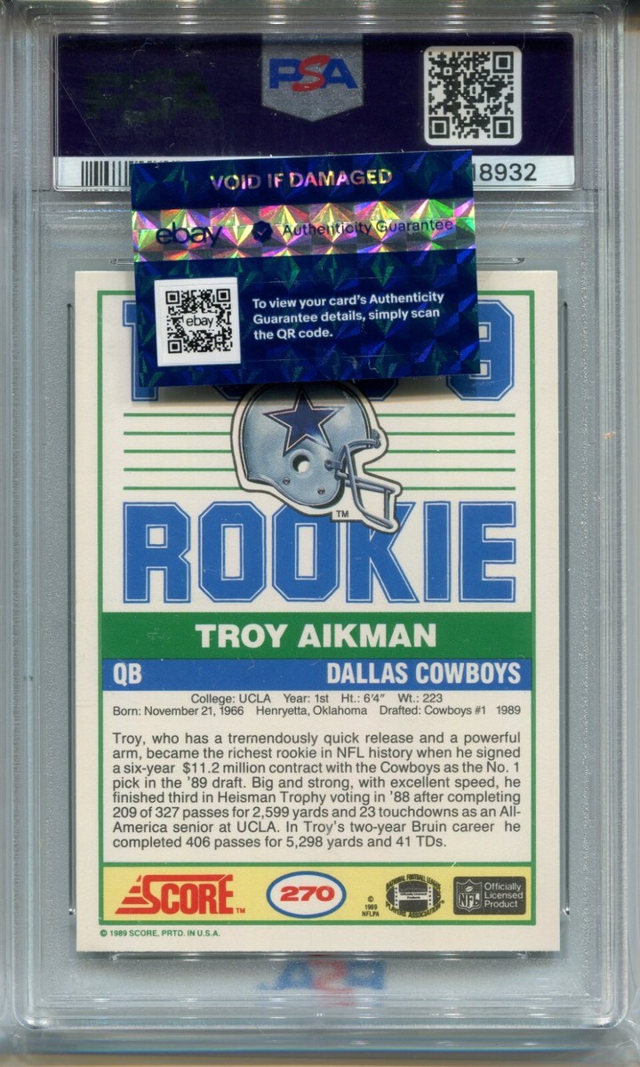 1989 Score Football #270 Troy Aikman Rookie Card Graded PSA