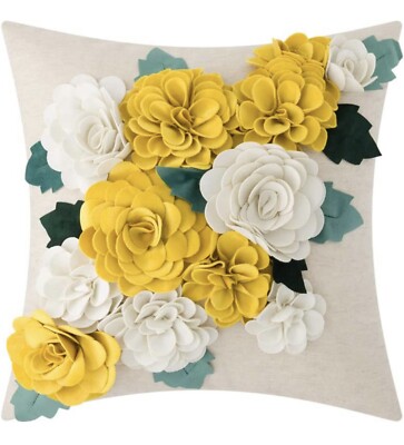 NEW Anthropologie Boho Yellow Floral Felt Throw Pillow Cover Case Sham 18 x 18