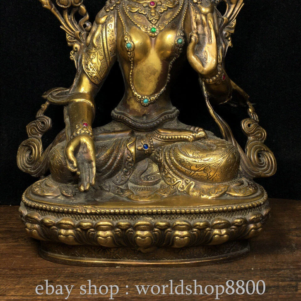 12.4" Antigua China Cobre Incrustación Gema Blanca Tara Espíritu de Compasión Diosa Estatua Foto 3 de 4