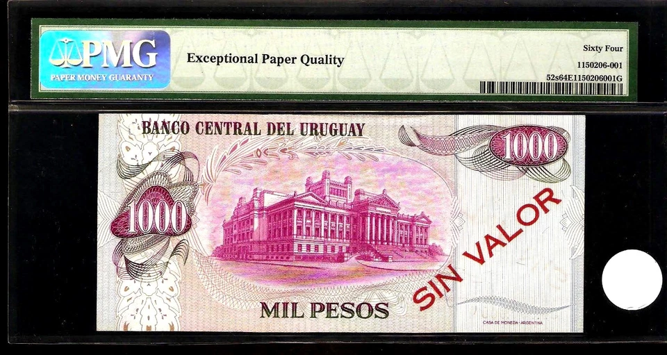 Uruguay 1000 Pesos 1974 SPECIMEN PMG 64 EPQ UNC Pick # 52s S/N 00000000A 201 - Image 2 of 2
