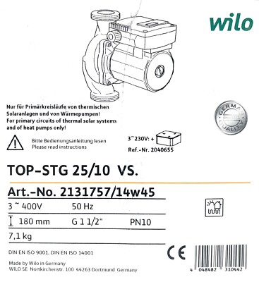 Wilo TOP-STG 25/1-10 Solar - Heizungspumpe 3x400V SOLE Top S 25/10  P23/12