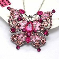 Fashion Women Rhinestone Pink Butterfly Crystal Pendant Sweater Necklace