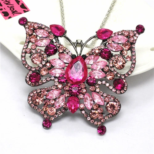Fashion Women Rhinestone Pink Butterfly Crystal Pendant Sweater Necklace