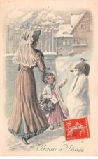 New Year - No. 78267 - Happy New Year - Little Girl Showing Her Mom A Snowman