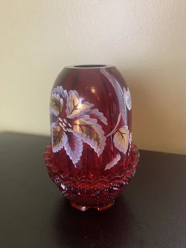 Vintage Fenton Red Ruby Glass Candle Holder Fairy Lamp Signed NOS Leaf Ruffled