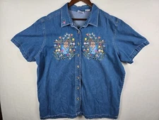 Bobbie Brooks Vintage Denim Cottagecore Embroidered Cat Shirt 22w/24w