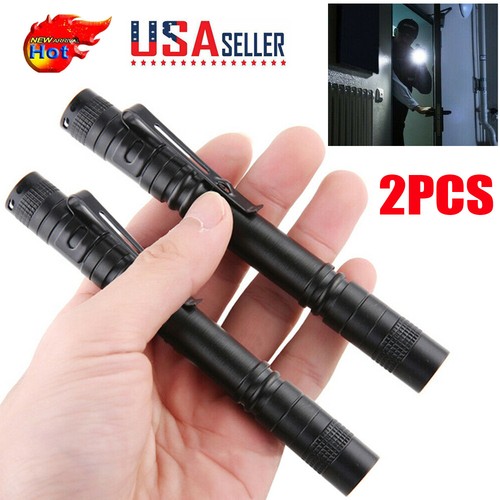 2 PCS Tactical Mini Penlight Clip Pen Light LED Pocket Torch Portable Flashlight
