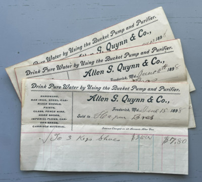 (3) Old 1898 Allen G. Quynn & Co. Hardware Store Billhead Receipts Frederick, Md