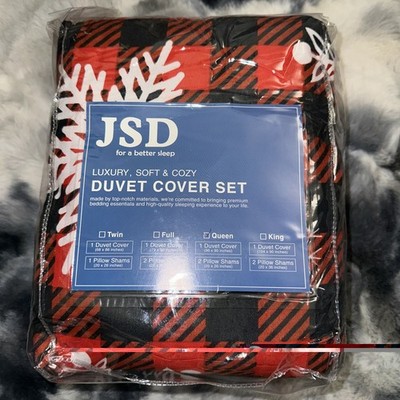 JSD Duvet Cover Set Queen Red Black Checkered Snowflakes Christmas 