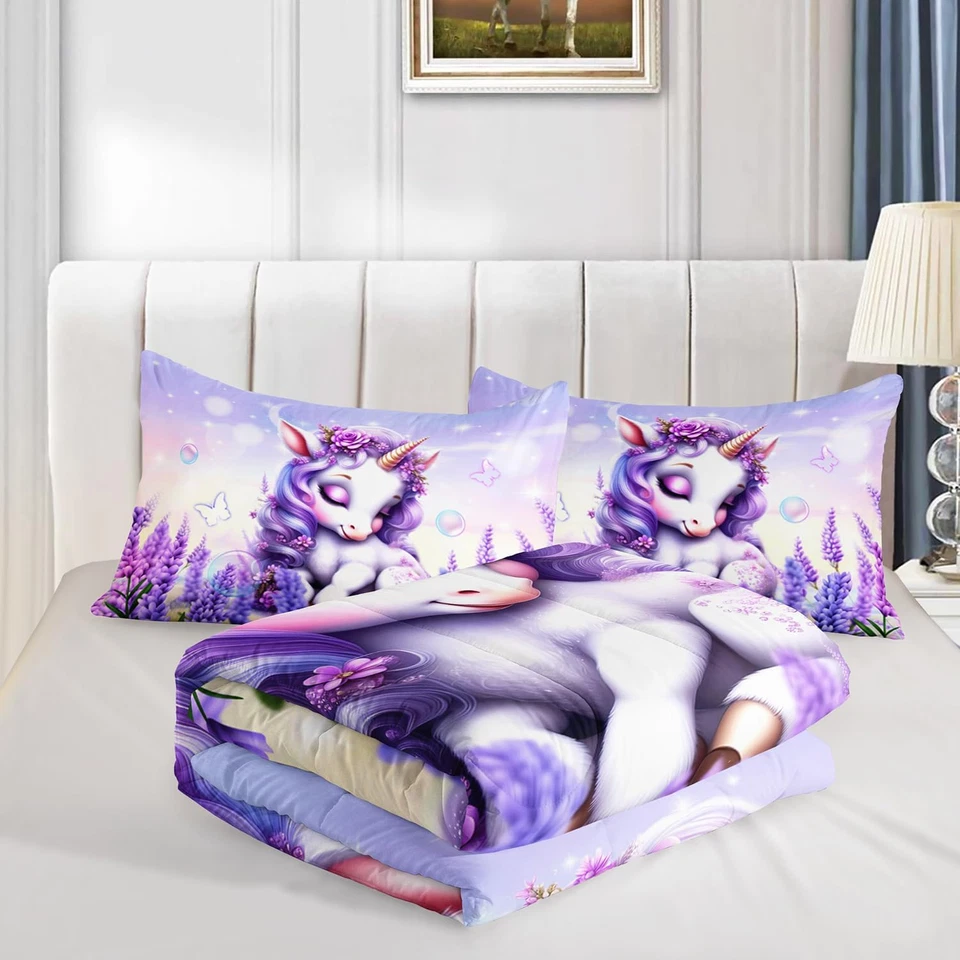 Cartoon Unicorn Bedding Twin Size for Toddler Girls Room Decor,Lavender Flash Ki - Image 4 of 4
