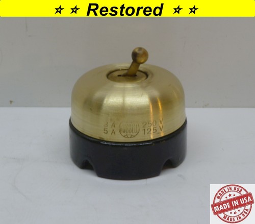 Vintage Single-Pole Brass Porcelain Round Dome Toggle Switch - Hubbell Restored