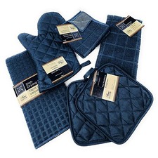 Kitchen Towel Set with 2 Quilted Pot Holders, Oven Mitt, Dish Towel, Blue