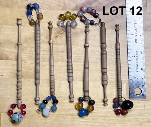 7 Antique, Engine/Lathe-turned, Spangled, Midlands, Wood Bobbin Lace Bobbins