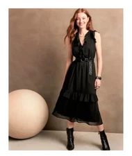 NEW Banana Republic Midi Dress Black Luxury Old Money Ruffle Tiered Lined M Tall