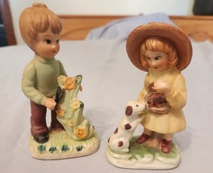 Vintage 2 1960s COTC Ceramic Figurines Southern Kids Children with dog Korea