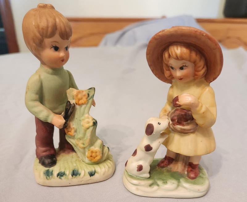 Vintage 2 1960s COTC Ceramic Figurines Southern Kids Children with dog Korea