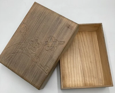 Japanese Wooden Box with Plum Blossom Carving Storage Chest Japan - Image 1 of 4