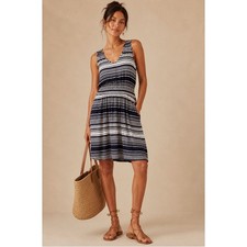 Gap V-Neck Nautical Flare Dress Large Navy White Striped Pockets Coastal Coverup