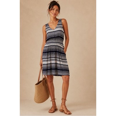 Gap V-Neck Nautical Flare Dress Large Navy White Striped Pockets Coastal Coverup