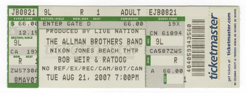 Allman Brothers Bob Weir & Ratdog 8/21/01 Jones Beach Ticket! ABB Grateful Dead - Image 1 of 1