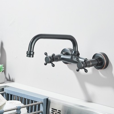 Schwarz Wasserhahn Küche Wandmontage Mischbatterie Warmes und Kaltes Wasser Set