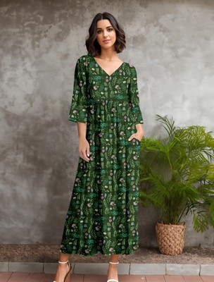 Bon Apple Tea Women's 3/4 Sleeve V-neck Empire Waist Maxi Dress with Pockets