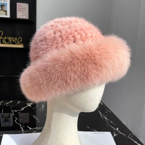 Cappello donna vera pelliccia di visone secchiello berretto caldo lavorato a maglia invernale con orlo pelliccia di volpe - Foto 21 di 31