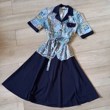 Afibel Navy Blue & Multi Print Dress Vintage Part Button Blogger Retro 80's UK10